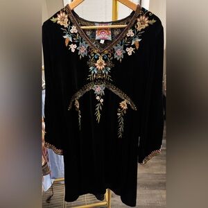 Johnny Was Black Velvet Tunic with Multicolor Floral Embroidery
